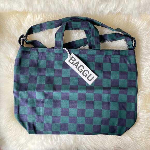 NWT Baggu Horizontal Zip Duck Bag - Navy Green Check - Picture 2 of 9
